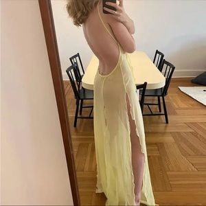 Sheer mesh yellow ruffle long maxi dress low back spaghetti strap Sz Medium NWOT